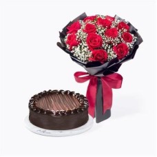 12 Red Roses with 1kg chocolate cake